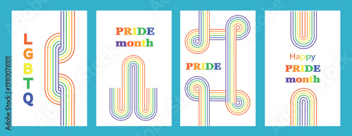 Happy Pride month poster background vector set. LGBTQ community symbol with rainbow, pride flag, heart. Design for celebration, bisexual, transgender, gender equality, rights, ads.