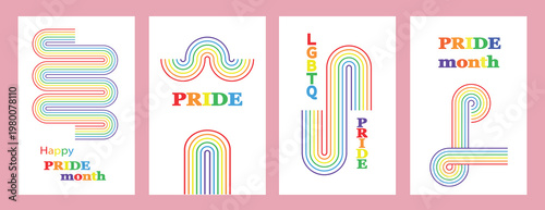 Happy Pride month poster background vector set. LGBTQ community symbol with rainbow, pride flag, heart. Design for celebration, bisexual, transgender, gender equality, rights, ads.