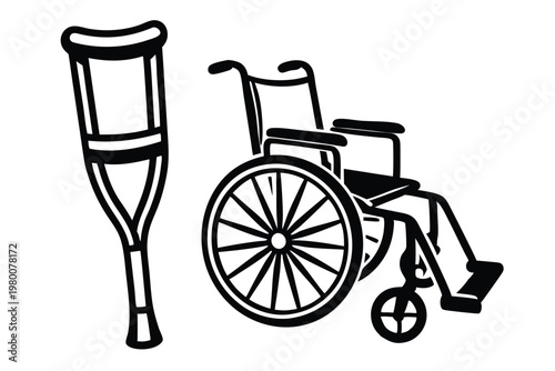 Graphic Crutch and Wheelchair Icons, Minimalist Monochrome Vector for Support