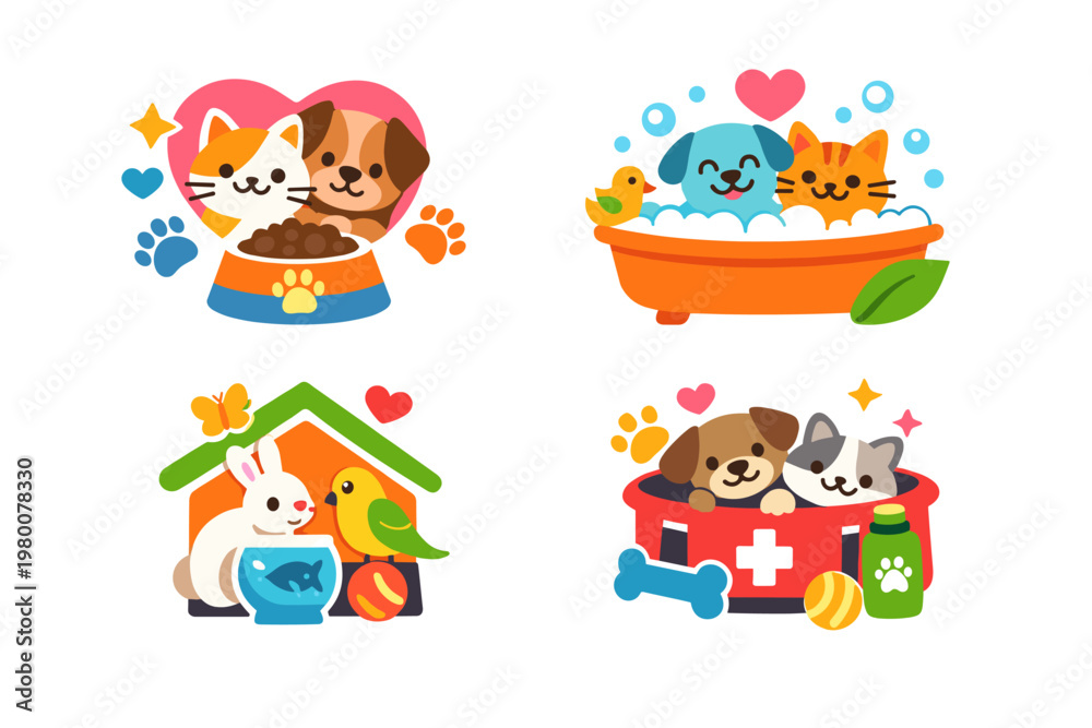 Fototapeta premium Set of cute pet care logo designs with flat vector illustrations of cats, dogs, rabbits, birds, and fish. Perfect for veterinary clinics, grooming salons, animal shelters, and pet shop branding.