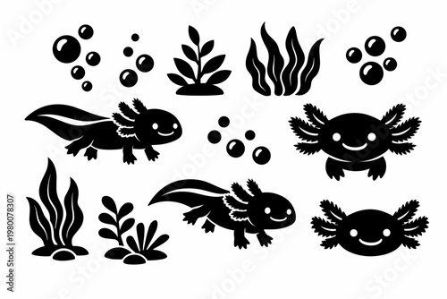 Collection of Black Axolotl Silhouette Icons Featuring Cute Smiling Amphibians, Aquatic Plants, and Bubbles. Minimalist Vector Set of Mexican Walking Fish for Logos, Stickers, and Graphic Art