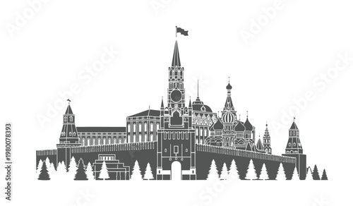 An intricate black and white illustration depicts the iconic moscow kremlin skyline against a plain background presented as a silhouette high quality professional detailed