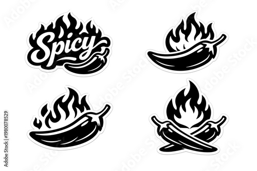 Black and white spicy food sticker set with hand-lettered typography, chili peppers, and fire flames. Vector icons for hot sauce labels, restaurant menus, Mexican cuisine, and heat level branding.