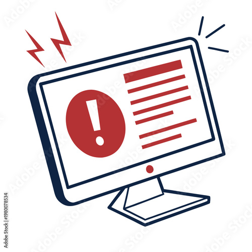 Computer monitor error message exclamation mark system failure alert vector