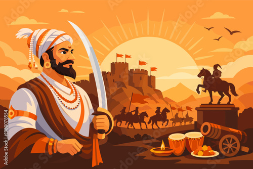 Happy Chhatrapati Shivaji Maharaj Jayanti vector illustration with the brave Maratha king holding a sword, historic hill fort, cavalry soldiers, cannon, and traditional drums at golden sunset.