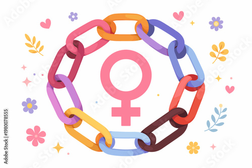 International Women's Day Banner with Pink Female Symbol and Colorful Chain Links Representing Unity, Equality, and Global Sisterhood Empowerment in a Flat Vector Illustration with Flowers.