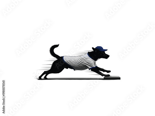 A black dog wearing a baseball jersey and cap runs rapidly.