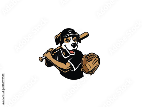 A cartoon dog wearing a baseball uniform and holding a bat.eps