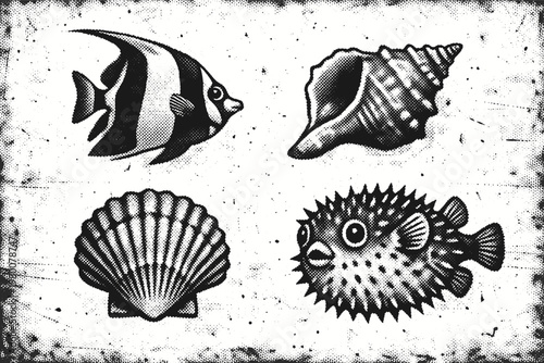 Retro Ocean Elements Set with Photocopy Effect for Collages Featuring Sea Fish Angelfish Pufferfish and Seashells Conch Scallop in Vintage Halftone Grunge Style Vector Illustration Graphics