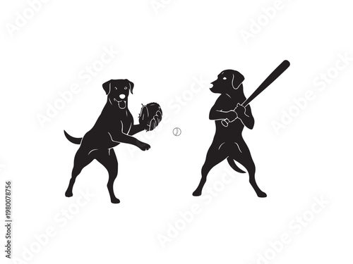 Two black dog silhouettes playing baseball with a ball and bat.eps