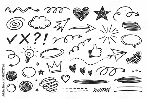Hand Drawn Doodle Scribble Elements Set with Arrows, Hearts, Stars, Clouds, Lightbulb, Crown, Speech Bubble, Thumbs Up, and Abstract Symbols Isolated on White Background for Graphic Design Projects.