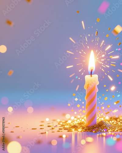 Vibrant digital illustration of a single birthday candle with a bright flame, surrounded by sparkling confetti and glitter on a colorful background, evoking a festive holiday atmosphere.
