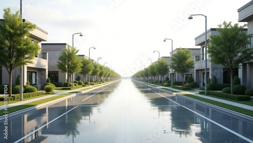 A long road with houses and trees on both sides after a rainy day