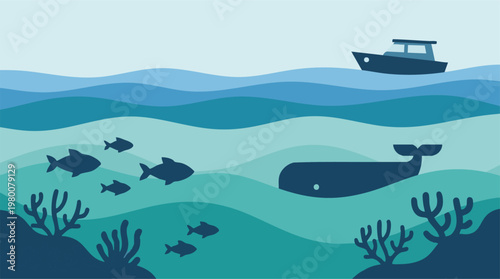 Photography Minimalist ocean scene with marine animals and boat on wavy water