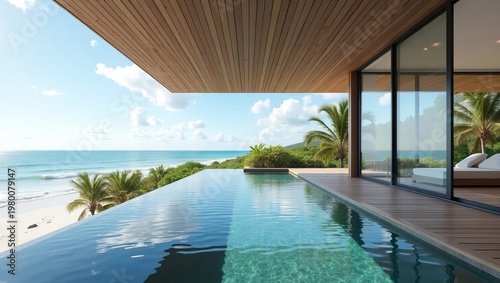 Modern beachfront property with infinity pool overlooking ocean and tropical palm trees