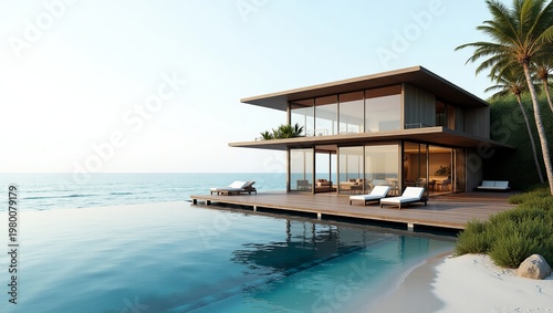 Modern beach house with pool and deck overlooking ocean with palm trees and sandy beach