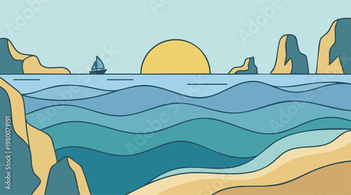 Minimalist flat design landscape of a serene ocean with sailboat and sunset