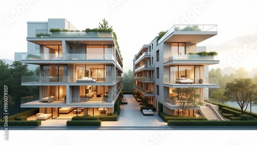 Modern multistory residential building with balconies and glass windows on a clean street