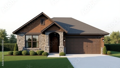 A charming singlestory house with a stone facade and brown garage door on a green lawn with trees and bushes in the background