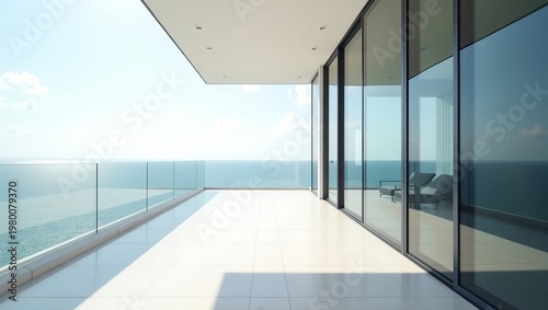 Modern balcony with glass walls and ocean view on a sunny day with clear blue sky
