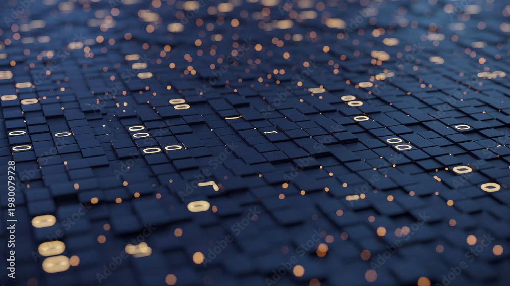 Fototapeta premium Abstract digital background with glowing orange zeros and ones on dark blue square blocks, representing binary code, data processing, and modern computing technology.
