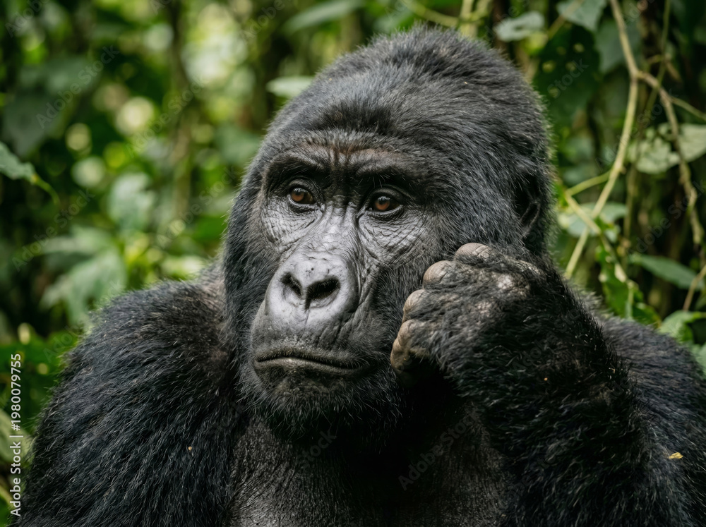 Fototapeta premium Silverback mountain gorilla portrait in the dense forest