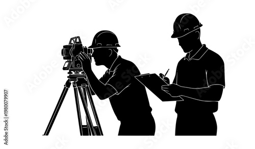 Survey engineer sketch drawing vector architects using total station isolated on white background