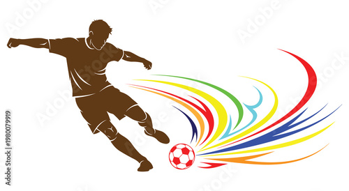 Dynamic soccer player silhouette kicking a ball with colorful motion trails on white background