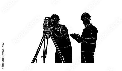 Land survey engineer silhouette with theodolite vector civil engineering illustration isolated on white