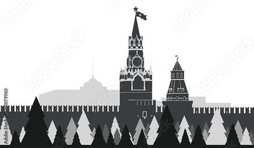 A striking black and white depiction showcases the iconic spires of moscow s kremlin against a minimalist background a captivating silhouette high quality professional