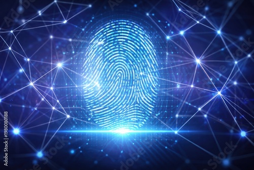 Biometric fingerprint scanning with illuminated digital neural network background visualization for privacy protection, security system