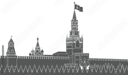 A striking black and white illustration depicts the iconic spires and walls of moscow s red square presented as a silhouette high quality professional