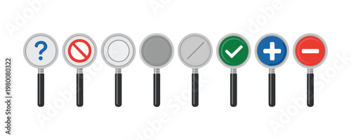 Collection of magnifying glass icons with different symbols including question mark prohibition check mark plus minus and empty circles.