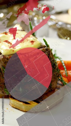 Vertical video: Food steak sitting on potato, motion starting, charts sliding, showing dish sides