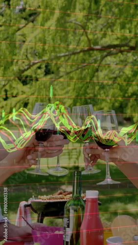 Vertical video: Two hands raising starting group toasting picnicking neon waves crossing glasses