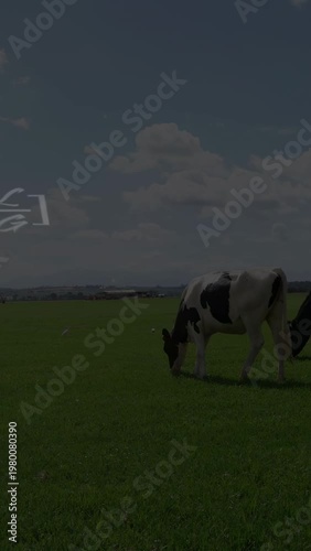 Holstein dairy cow grazing in grassy pasture as math formulas and chemical diagrams floating