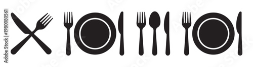Cutlery and plate arrangement icons including forks, knives, spoons, and plates for dining establishments.