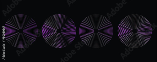 Sound pulsation circles set. Vector illustration of purple radio waves isolated on black background.