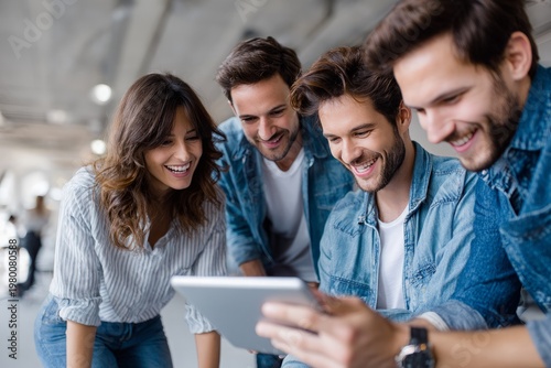 Diverse colleagues collaborate and share laughter over digital tablet in office environment