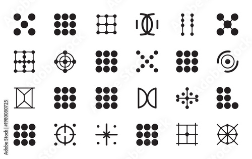 Abstract geometric pattern icons and dot grid symbols for branding identity and logo design elements.