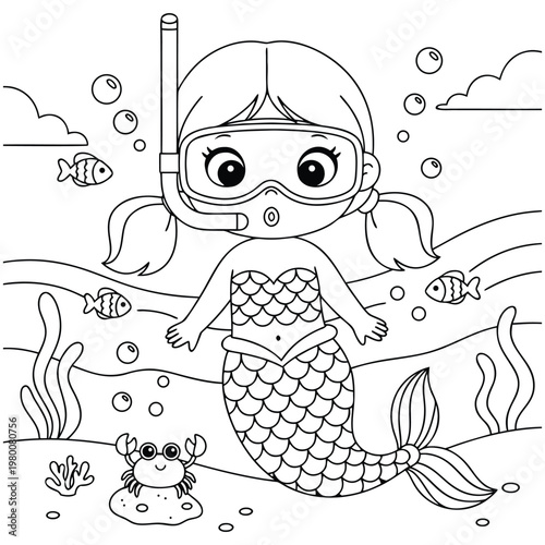 Cute Mermaid Snorkeling Underwater Coloring Page for Kids
