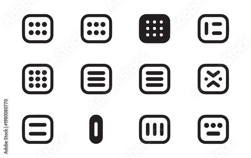 Application interface menu icons and grid layout symbols for mobile user experience development set.