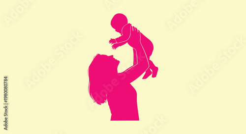Beautiful pink silhouette of a mother lifting her baby up in the air, symbolizing parental love.