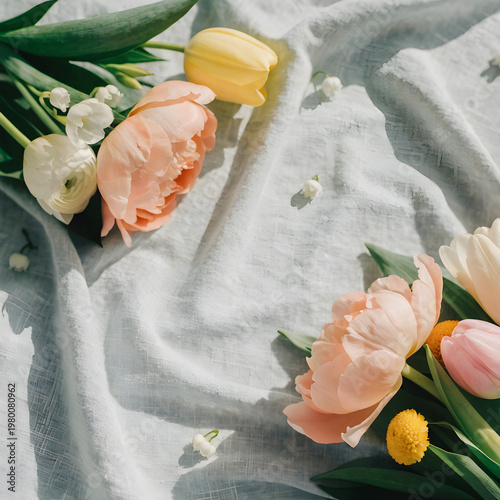 minimal floral background with flowers in opposite corners, soft pastel colors, clean composition, large copy space