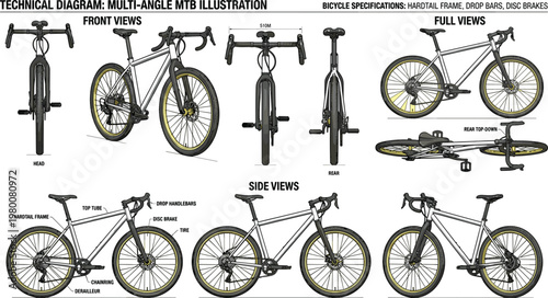 Mountain bike multi angle technical diagram with frame components disc brakes and detailed cycling engineering line illustration