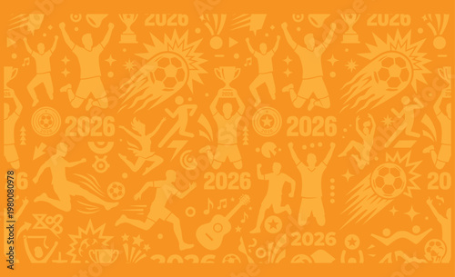Konstfotografi Golden yellow soccer pattern featuring 2026 world cup championship silhouettes and trophy icons