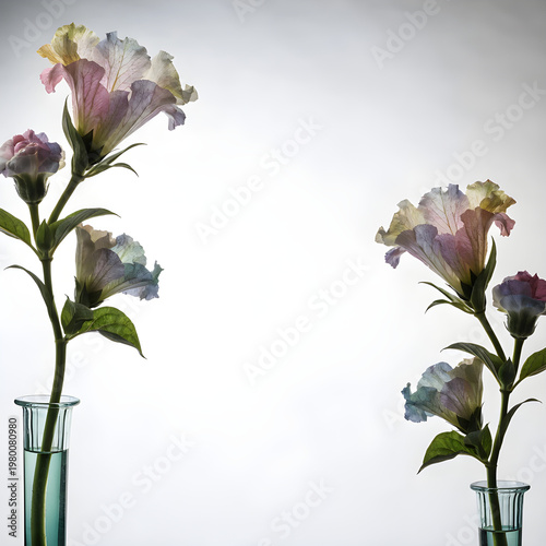 minimal floral background with flowers in opposite corners, soft pastel colors, clean composition, large copy space