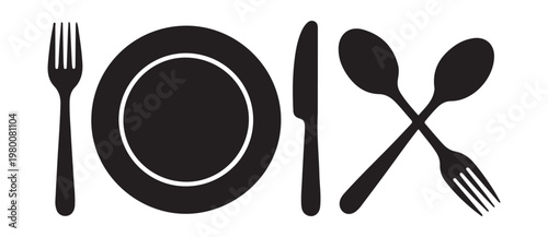 Basic table setting with fork, plate, knife, and crossed spoons and forks for food service.