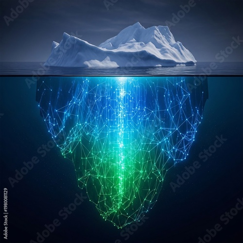 Iceberg with glowing underwater network.
