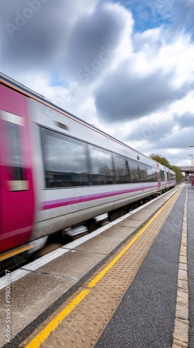 High speed train departing station platform on a cloudy day